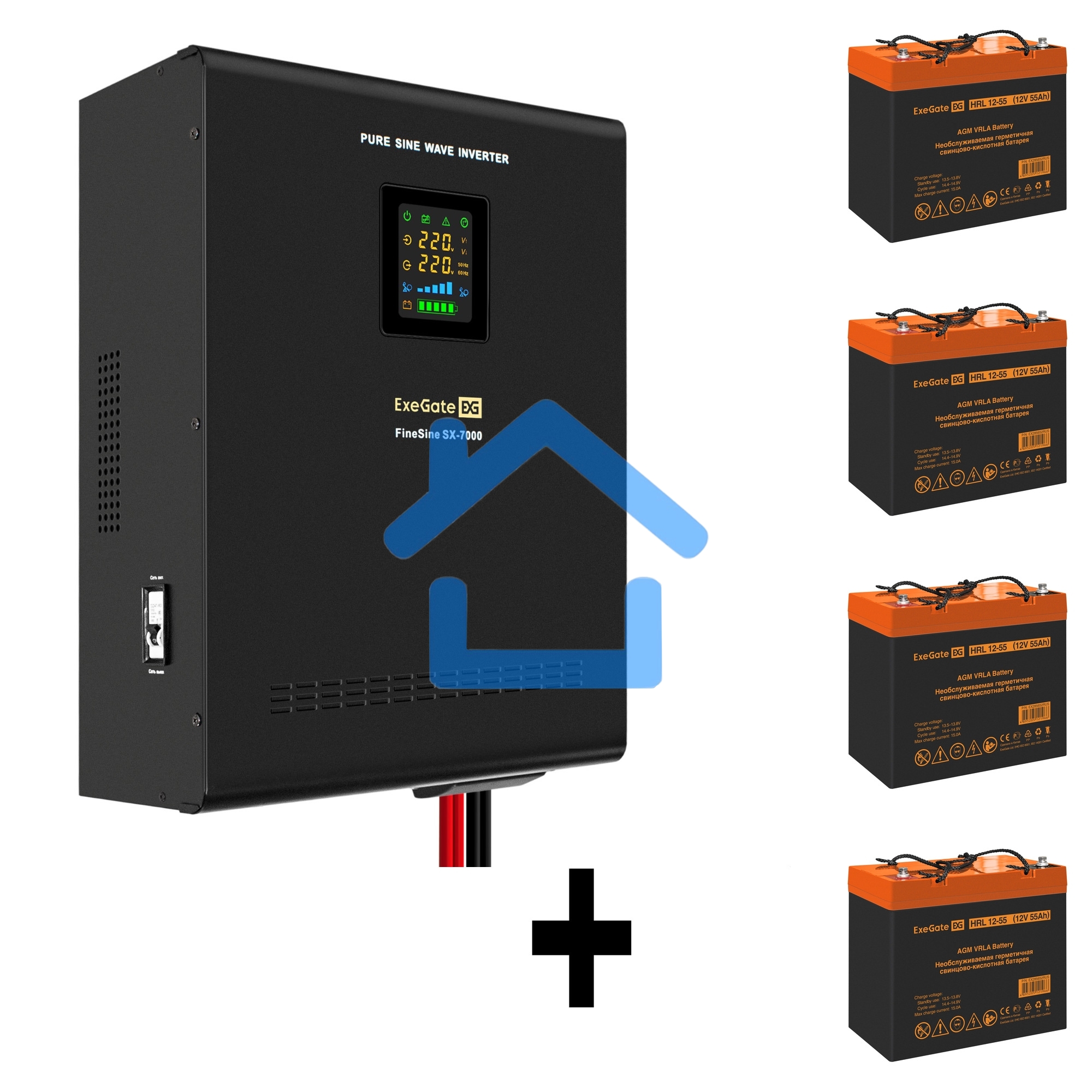 Комплект ИБП EX296005RUS + батарея 55Aч EX285652RUS 4шт (инвертор, синус, для котла, настенный) ExeGate FineSine SX-7000.LCD.AVR.2SH.T <7000VA/5000W, чистая синусоида, цветной LCD-дисплей, AVR, 2*Schuko+клеммы, линейно-интерактивный, крепление настенное, 
