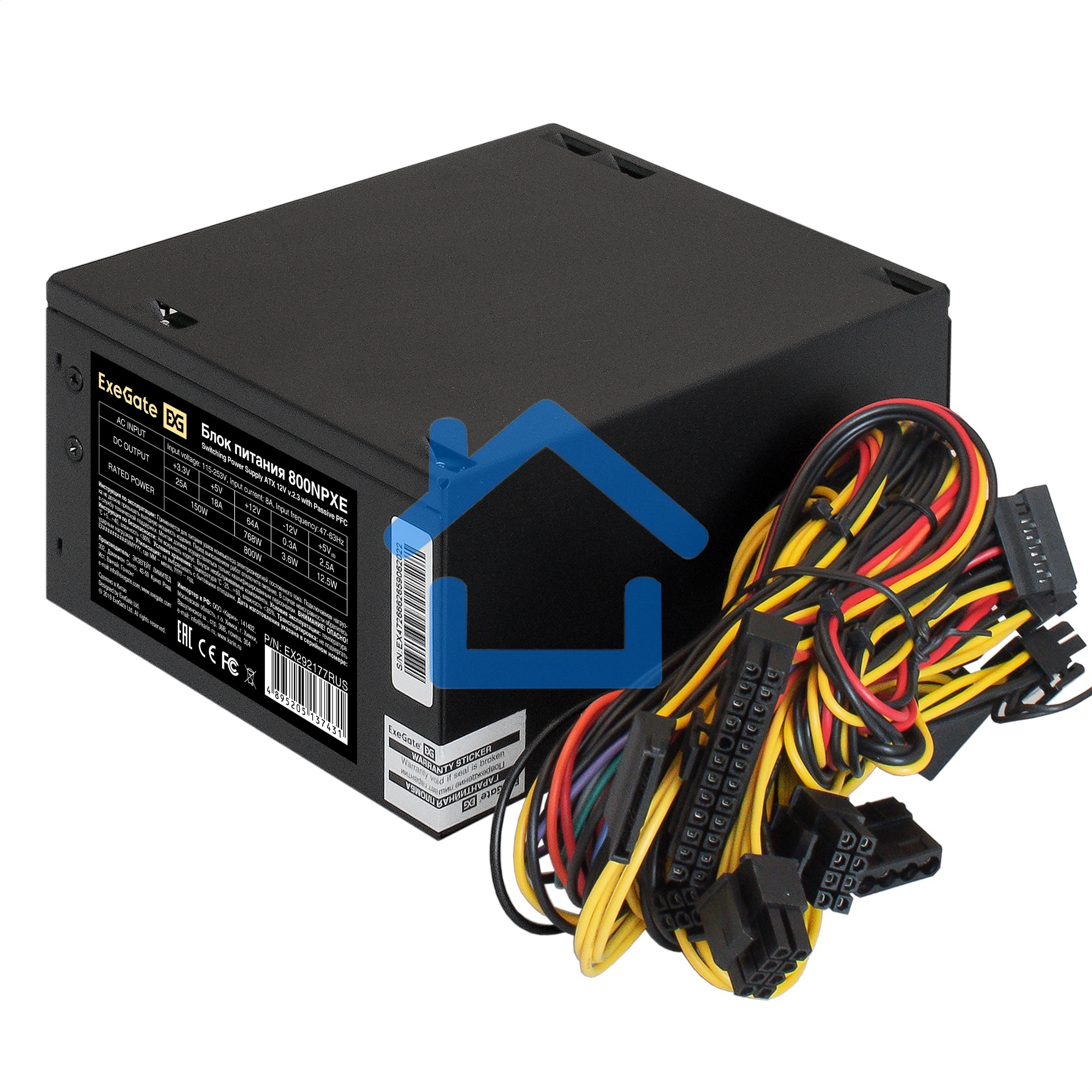 Блок питания ExeGate 800NPXE, 800W, (ATX, PPFC, PC, 12cm fan, 24pin, (4+4)pin, 2xPCI-E, 5xSATA, 3xIDE, черный, кабель 220V в комплекте 1,8м)