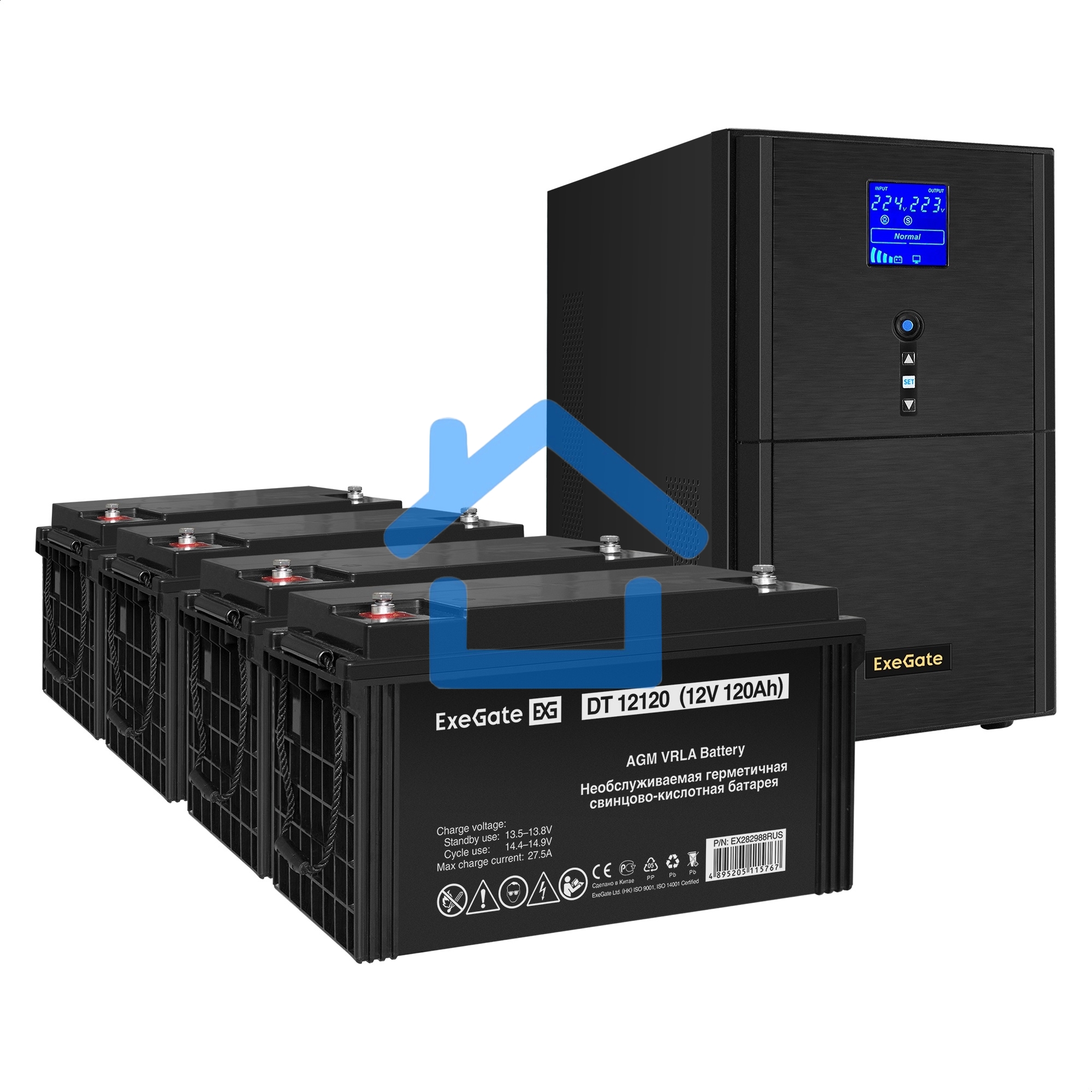 Комплект Источник бесперебойного питания EX295991RUS + батарея 120Aч EX282988RUS 4шт (инвертор, синус, для котла) ExeGate SineTower SZ-5000.LCD.AVR.2SH.1C13.T.RJ.USB <5000VA/4000W, чистый синусоида, LCD дисплей, AVR, 2*Schuko+1*C13+клеммы, RJ45/11, USB, л