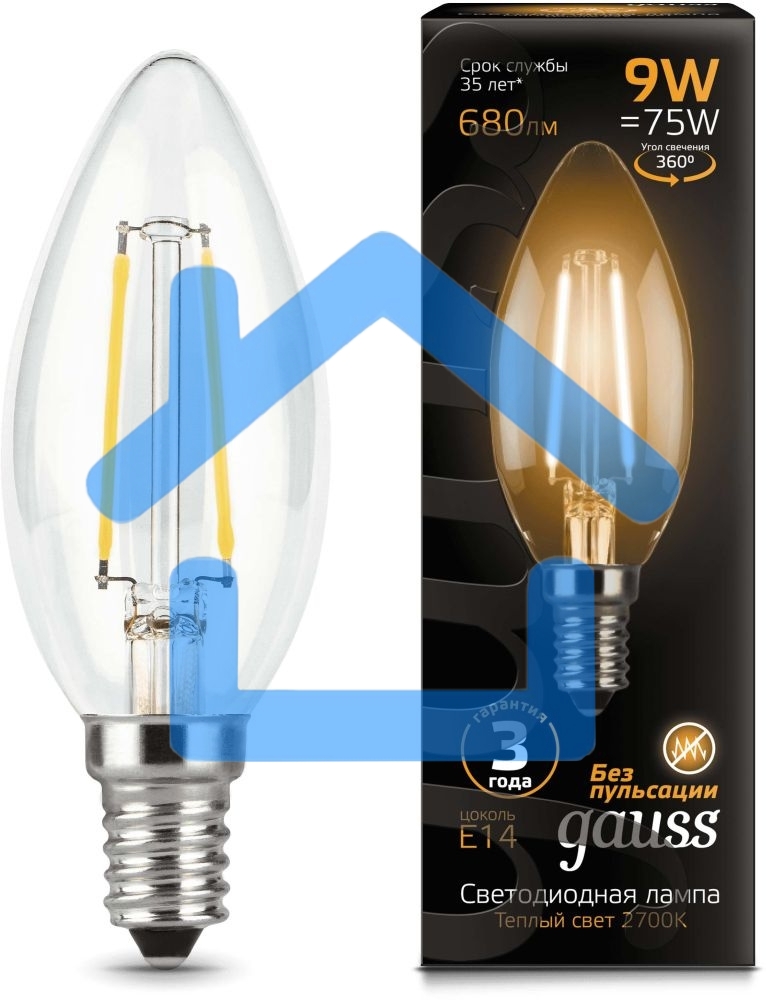 Светодиодная лампа LED GAUSS 103801109 Filament Свеча E14 9W 680lm 2700К 1/10/50