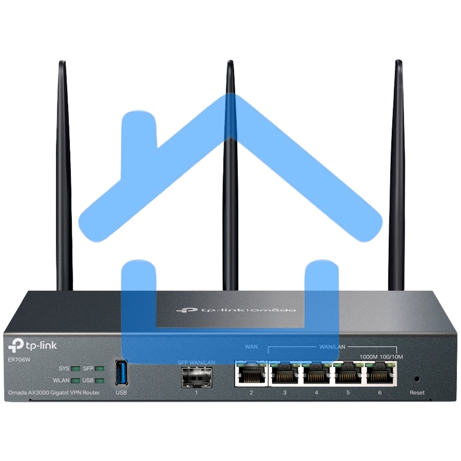 VPN-маршрутизатор TP-Link ER706W Omada с гигабитными портами и поддержкой Wi-Fi AX3000, 1 гиг. SFP WAN/LAN, 1 гиг. RJ45 WAN, 4 гиг. RJ45 WAN/LAN, USB 3.0, до 574 М/с на 2,4 ГГц + до 2402 М/с