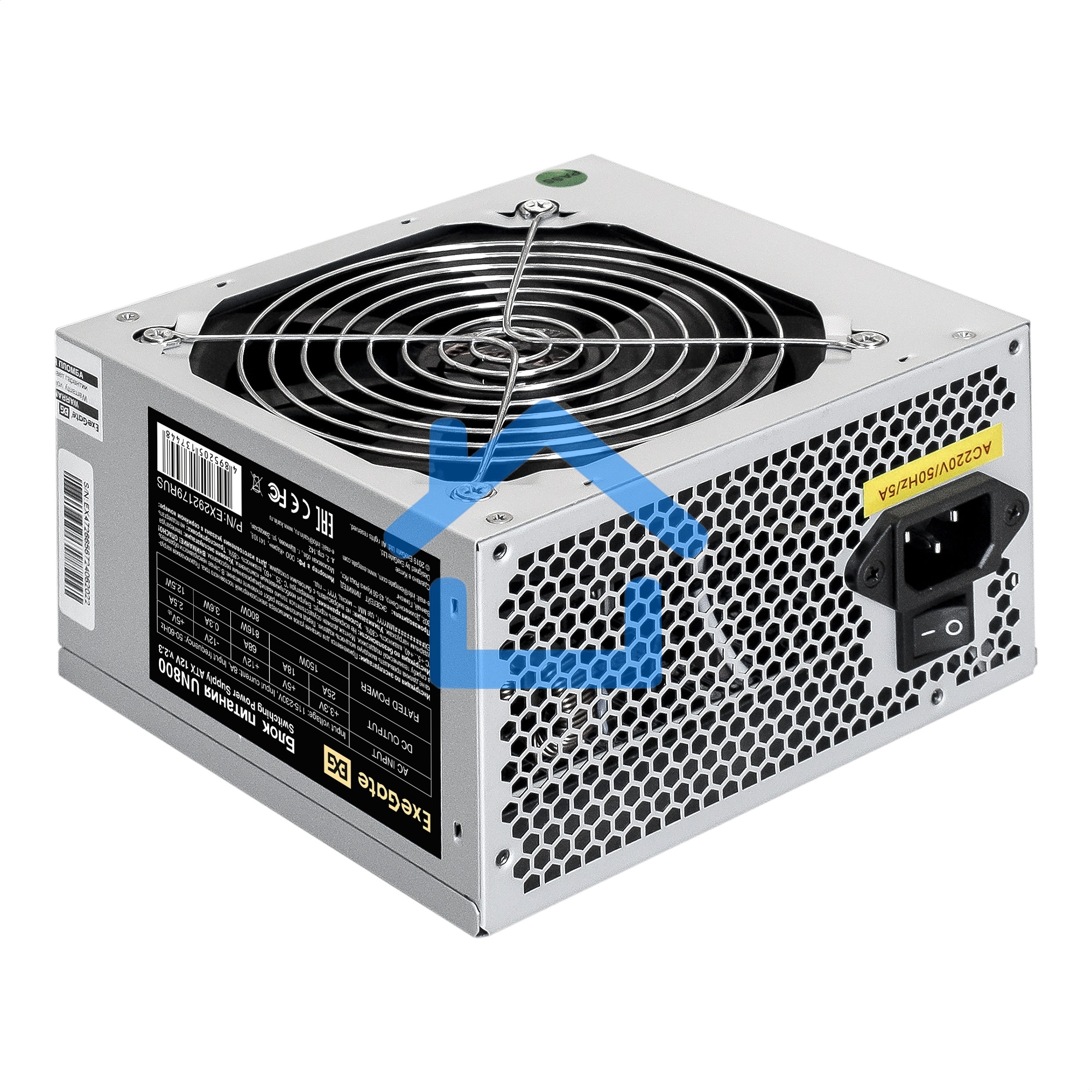 Блок питания ExeGate UN800, 800W, (ATX, SC, 12cm fan, 24pin, 2x(4+4)pin, 2xPCI-E, 5xSATA, 3xIDE, кабель 220V 1,8м с защитой от выдергивания)