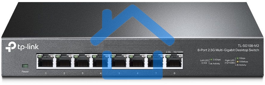 Коммутатор TP-Link 8-port Desktop 2.5G Unmanaged switch, 8 100/1G/2.5G RJ-45 ports, Fanless design, 12V/1.5A DC power supply.