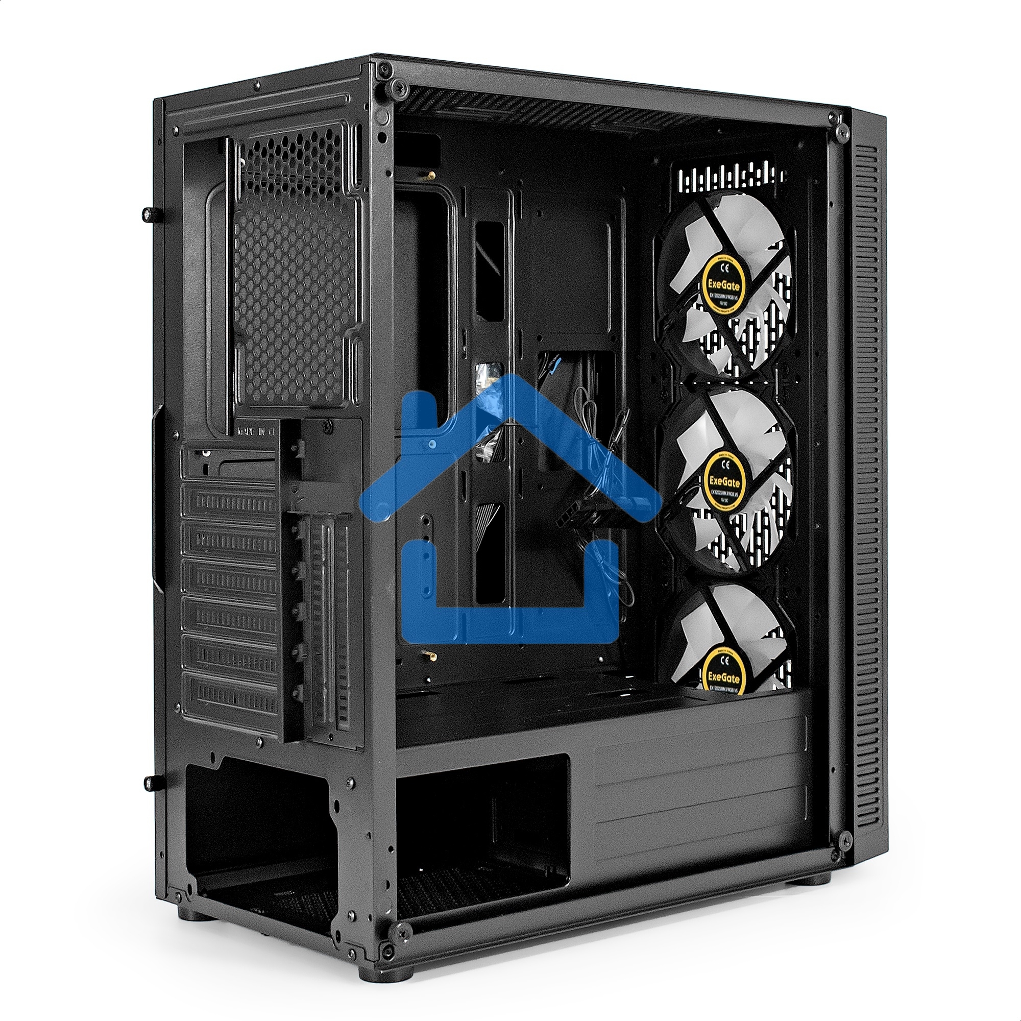 Компьютерный корпус Miditower ExeGate EVO-5001A (ATX, без БП, 2*USB+1*USB 3.0+HD Audio, черный, 3 вент.12см с RGb подсветкой, боковая панель - закаленное стекло)