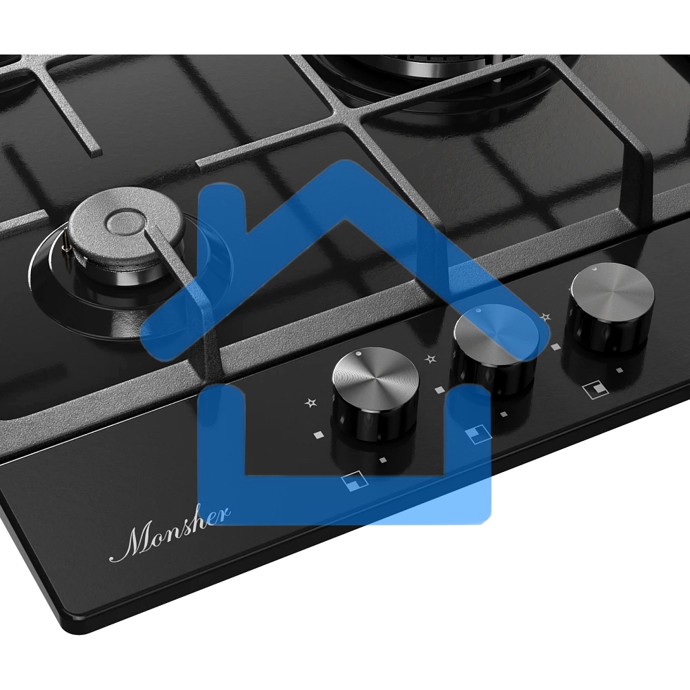 Варочная поверхность MONSHER/ Варочная поверхность MONSHER, газ, High-Tech, 44 см, автоматический электроподжиг, газ-контроль, форсунки под сжиженый газ, SABAF конфорки, чугунные решетки, черный