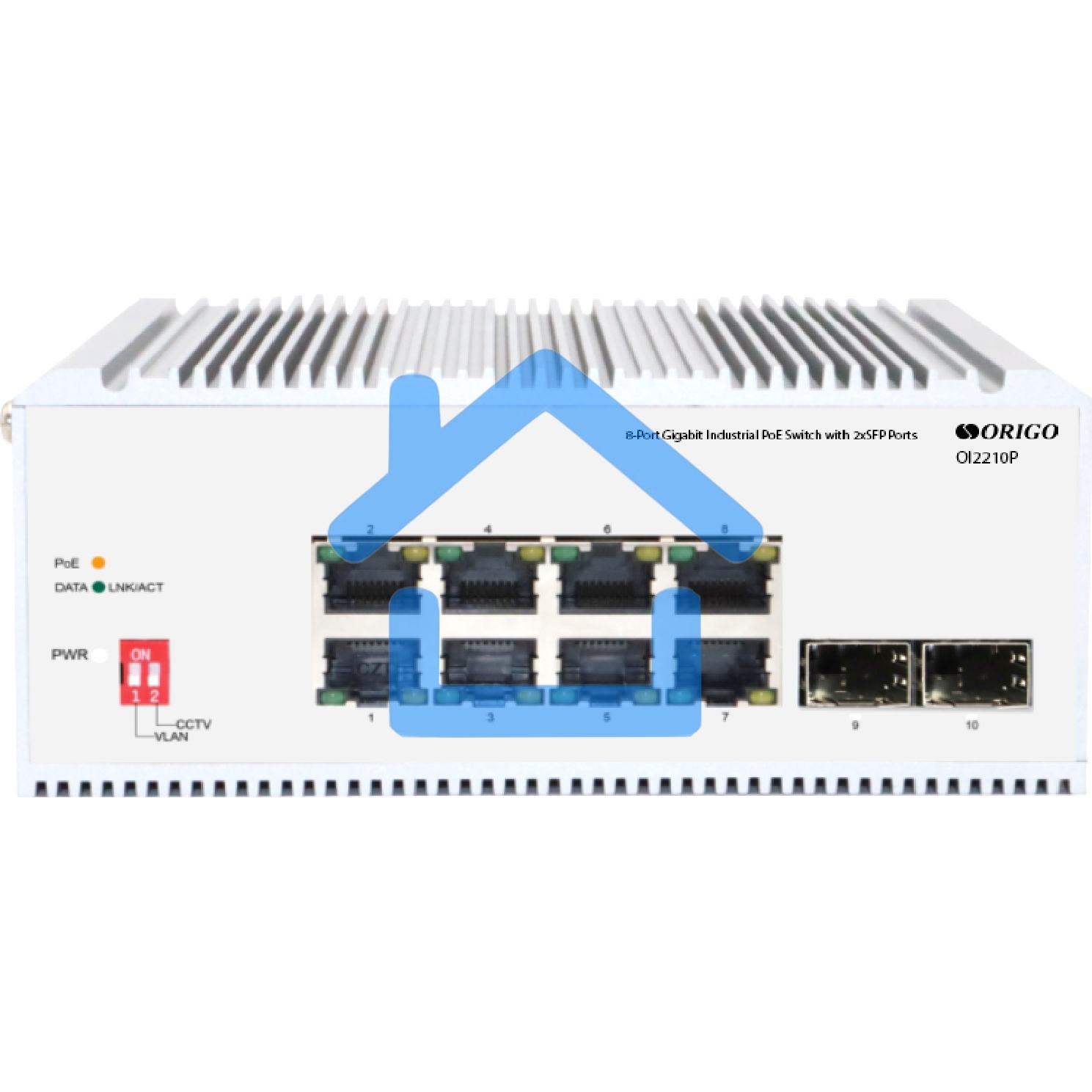 Коммутатор Unmanaged Industrial Switch 8x1000Base-T PoE, 2x1000Base-X SFP, PoE Budget 185W, Surge 4KV, -40 to 75°C