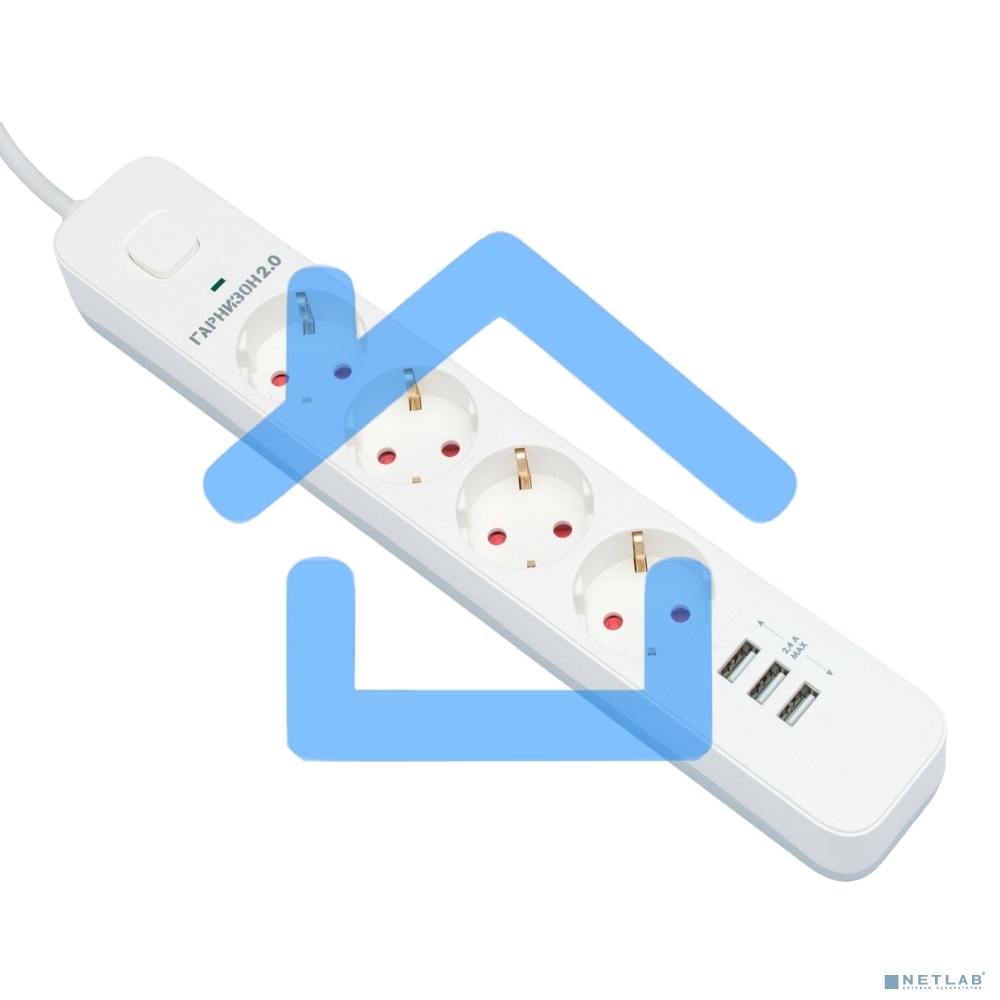 Сетевой фильтр Гарнизон 2.0 Мультипорт EPS-4-U3-W-2, 4 р, 10А, 3xUSB, 2м, ур.защиты 2+, белый, пакет