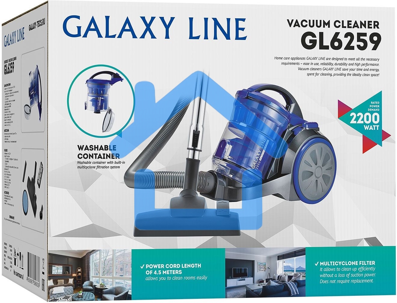 Пылесос Galaxy Line GL 6259 синий/серый, 500/2200 Вт, уборка сухая, пылесборник контейнер 2 л