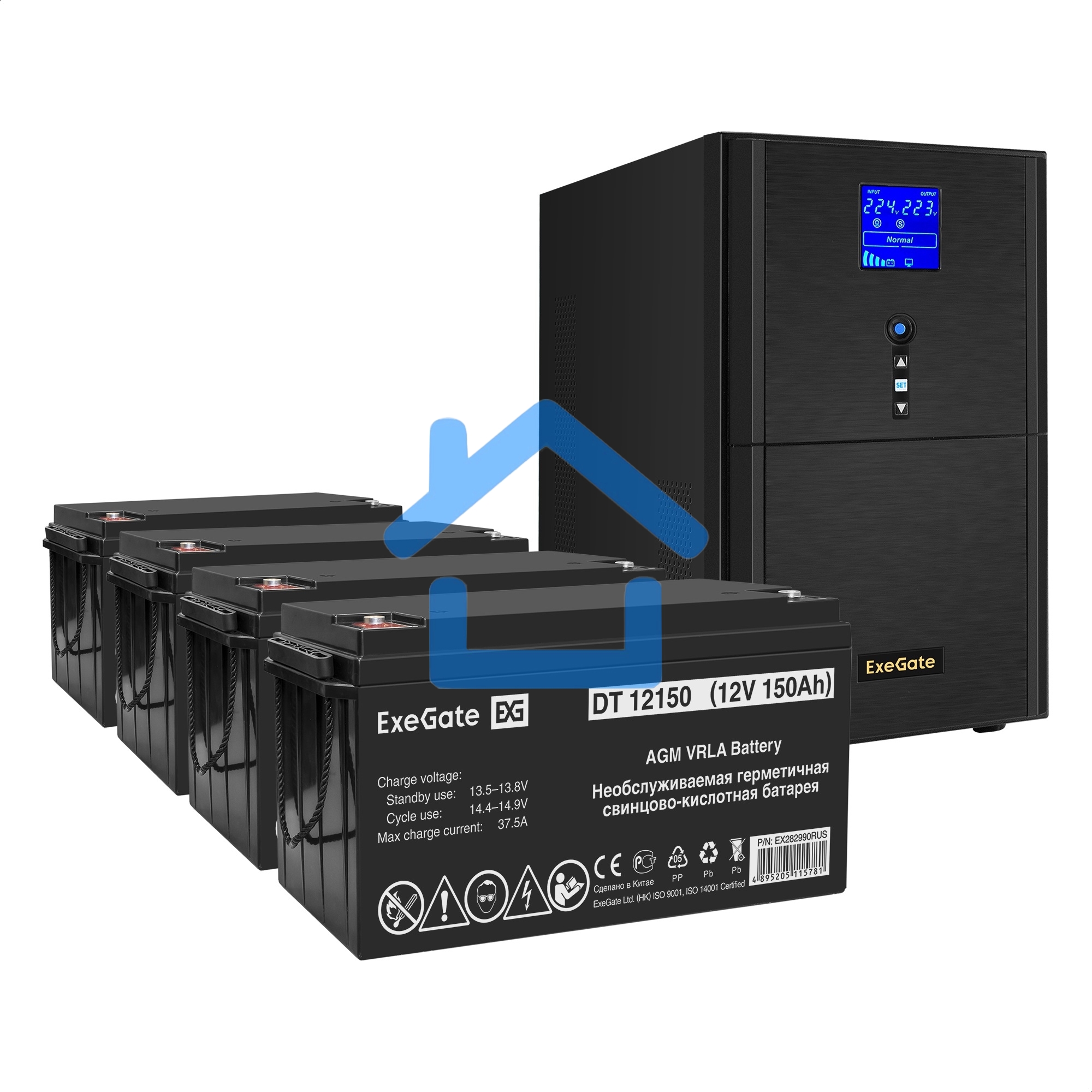 Комплект ИБП EX295991RUS + батарея 150Aч EX282990RUS 4шт ExeGate SineTower SZ-5000.LCD.AVR.2SH.1C13.T.RJ.USB + батарея ExeGate DT 12150 4шт