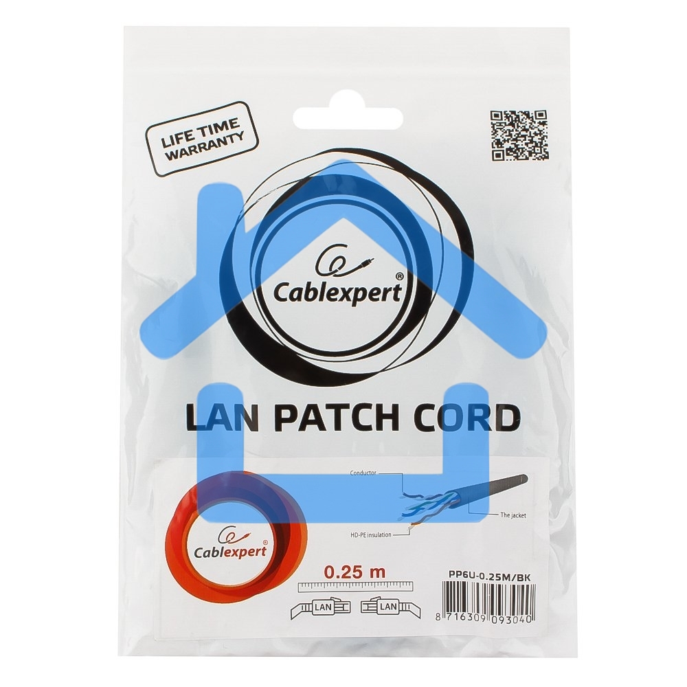 Патч-корд UTP Cablexpert PP6U-0.25M/BK кат.6, 0.25м, литой, многожильный черный