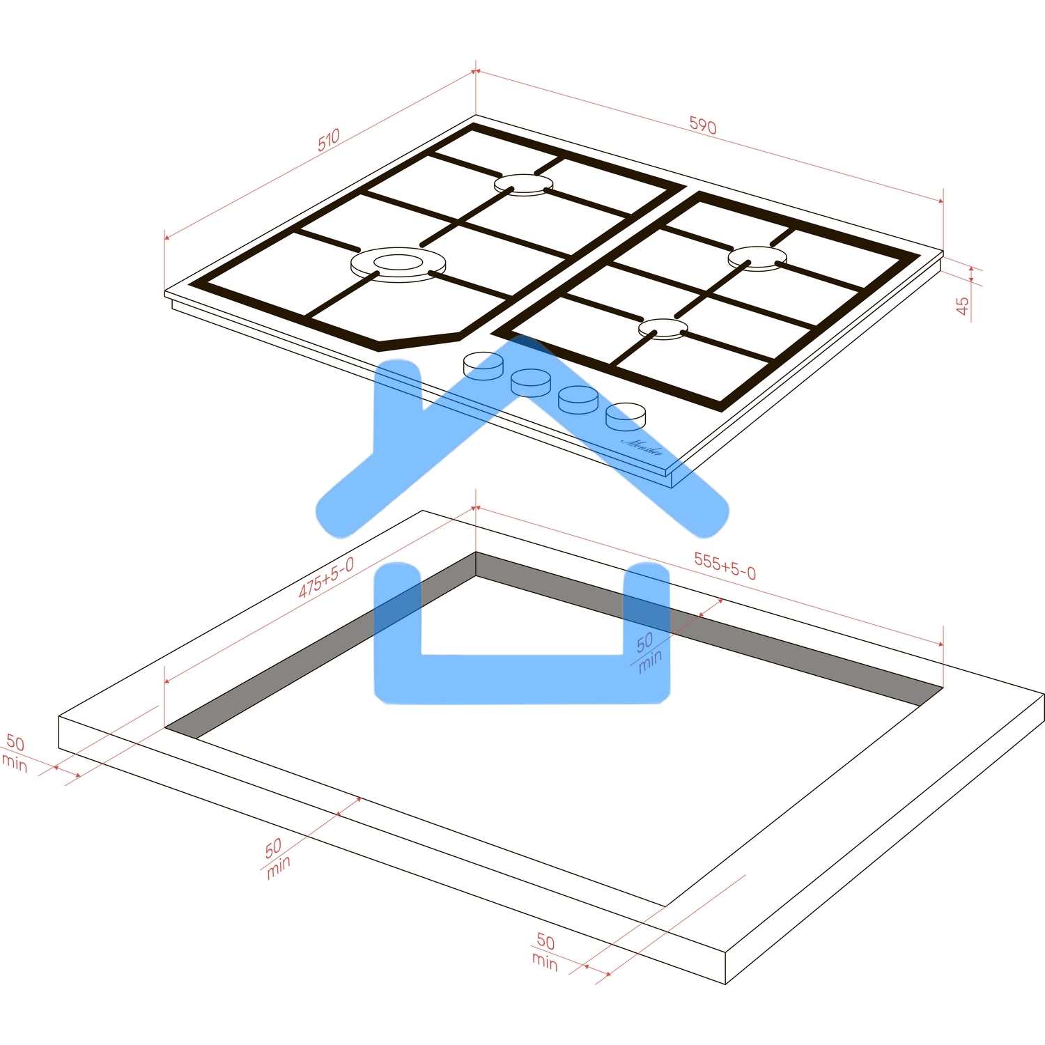Варочная поверхность MONSHER MGG 63 Blanc, газ, High-Tech, 59 см, автоматический электроподжиг, газ-контроль, форсунки под сжиженый газ, SABAF конфорки, чугунные решетки, белый