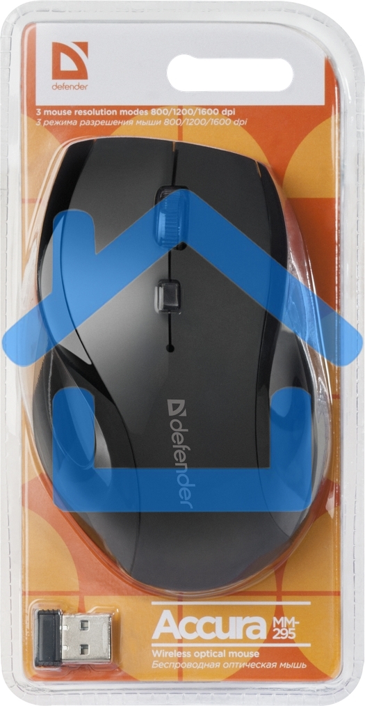 Мышь беспроводная Defender Accura MM-295 черный, 1600 dpi, радиоканал, USB, кнопки - 6