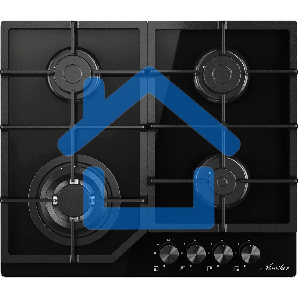 Варочная поверхность MONSHER/ Варочная поверхность MONSHER, газ, High-Tech, 59 см, автоматический электроподжиг, газ-контроль, форсунки под сжиженый газ, SABAF конфорки, чугунные решетки, черный