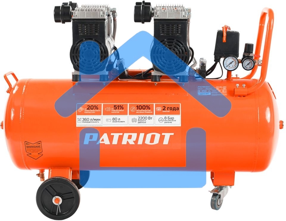 Компрессор Patriot поршневой безмасляный WO 80-360, 360 л/мин, 8 бар, 2200 Вт, 80 л, быстросъем и 