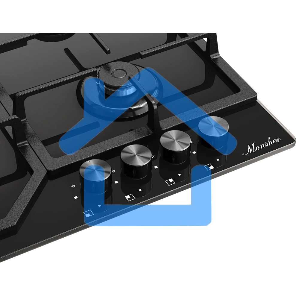 Варочная поверхность MONSHER/ Варочная поверхность MONSHER, газ, High-Tech, 59 см, автоматический электроподжиг, газ-контроль, форсунки под сжиженый газ, SABAF конфорки, чугунные решетки, черный