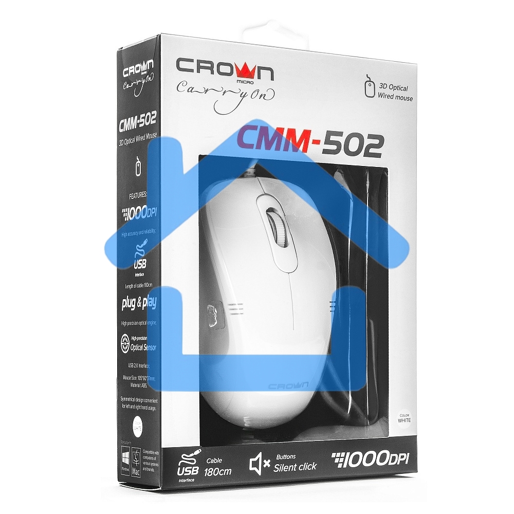 Мышь проводная Crown CMM-502 белый, 1000 dpi, USB, кнопки - 3