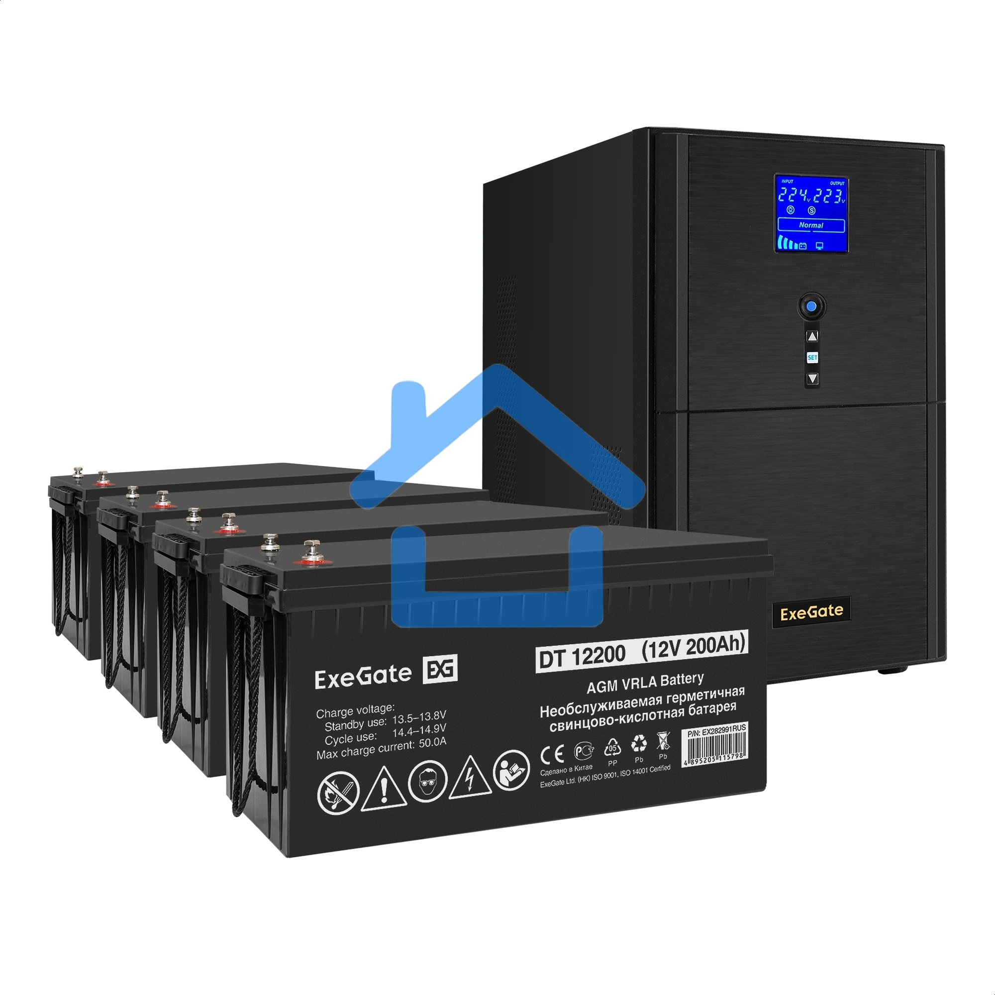 Комплект ИБП EX295991RUS + батарея 200Aч EX282991RUS 4шт (инвертор, синус, для котла) ExeGate SineTower SZ-5000.LCD.AVR.2SH.1C13.T.RJ.USB <5000VA/4000W, чистый синусоида, LCD дисплей, AVR, 2*Schuko+1*C13+клеммы, RJ45/11, USB, линейно-интерактивный, черный
