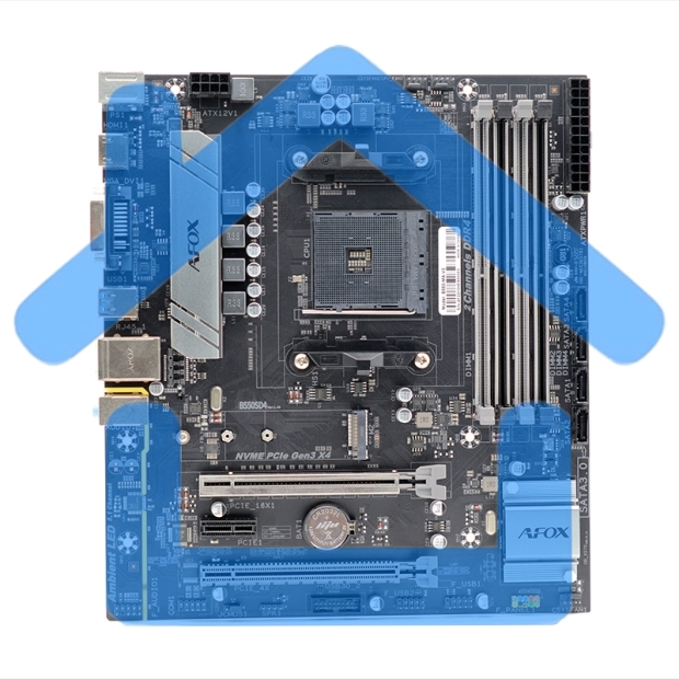 Материнская плата AFOX B550D4-MA5-V2, AM4, AMD B550, 4xDDR4, 4xSATA, 1xM.2, 1xPCIe 4.0 x16, 1xPCIe 4.0 x4, 1xPCIe x1, 1xHDMI, 1xD-Sub, 1xDVI, 1x 1Gb LAN, 4xUSB-A 3.0, 2xUSB 2.0, 3x3.5 мм, 5.1, mATX