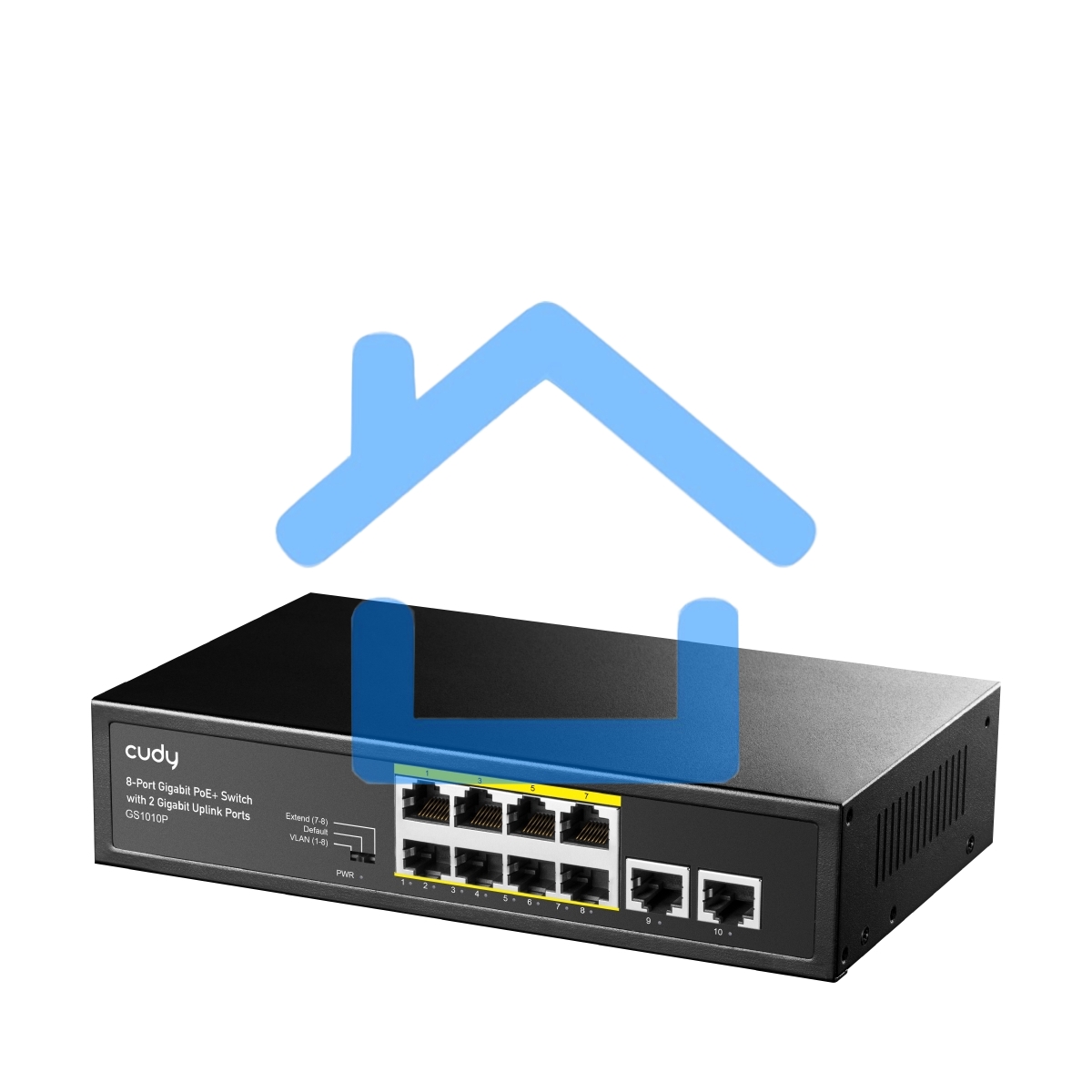 Коммутатор Cudy 8 RJ-45 10/100/1000M PSE ports +2 RJ45 10/100/1000 Uplink Port Unmanaged PoE+ Switch 120W, CCTV/VLAN mode support, long distance:250M at CCTV mode. 802.3af/at standard, Aternative 1/2(+),3/6(-), Rack-mountable Steel Case, Watchdog, 120W in