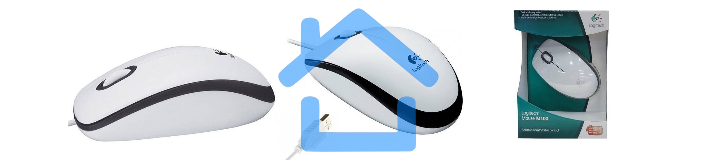 Мышь проводная Logitech M100 белый, 1000 dpi, USB, кнопки - 3