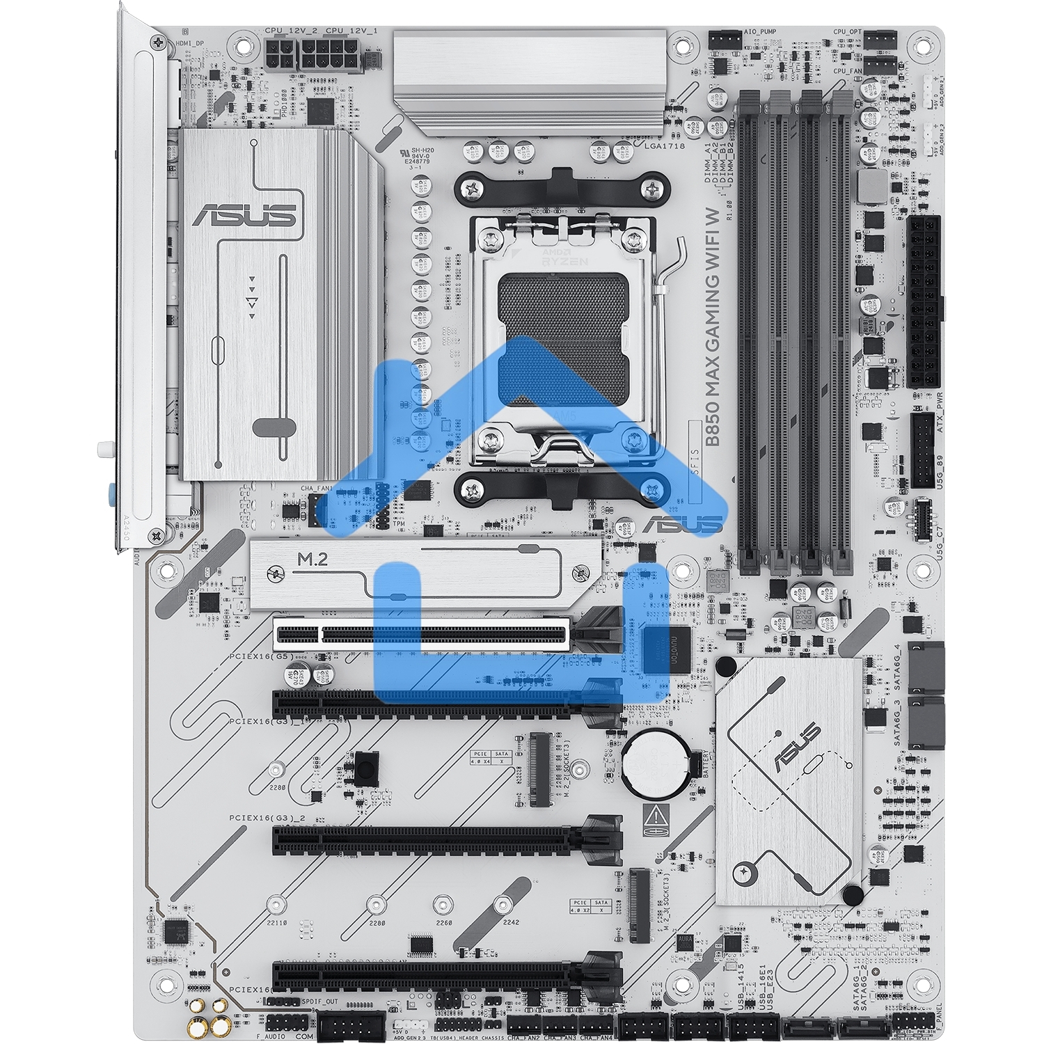 Материнская плата ASUS B850 MAX GAMING WIFI W, AM5, AMD B850, 4xDDR5, 4xSATA, 3xM.2, 1xPCIe 5.0 x16, 1xPCIe 4.0 x4, 2xPCIe 3.0 x1, 1xDisplayPort, 1xHDMI, 1x2.5Gb LAN, Wi-Fi 6E, Bluetooth 5.3, 1xUSB-C 10Gbps, 3xUSB-A 10Gbps, 2xUSB-A 5Gbps, 2xUSB-A 2.0, 3x3