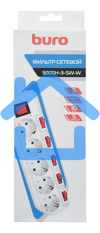 Сетевой фильтр Buro 500SH-3-SW-W 3м (5 розеток) белый (коробка)