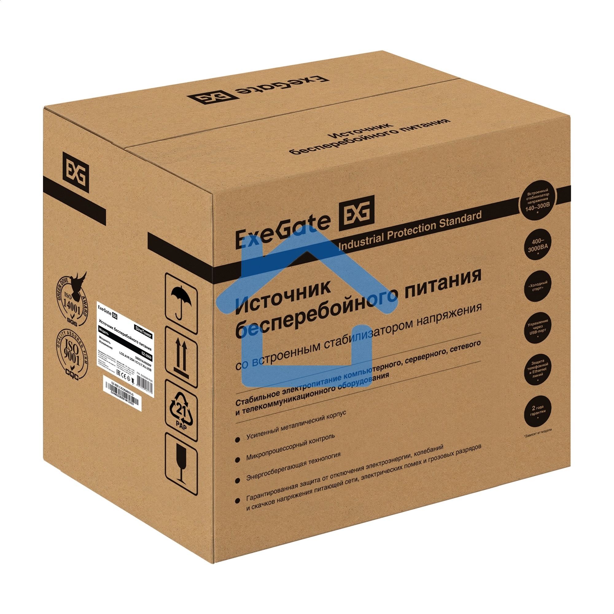 Комплект ИБП EX295991RUS + батарея 200Aч EX282991RUS 4шт (инвертор, синус, для котла) ExeGate SineTower SZ-5000.LCD.AVR.2SH.1C13.T.RJ.USB <5000VA/4000W, чистый синусоида, LCD дисплей, AVR, 2*Schuko+1*C13+клеммы, RJ45/11, USB, линейно-интерактивный, черный
