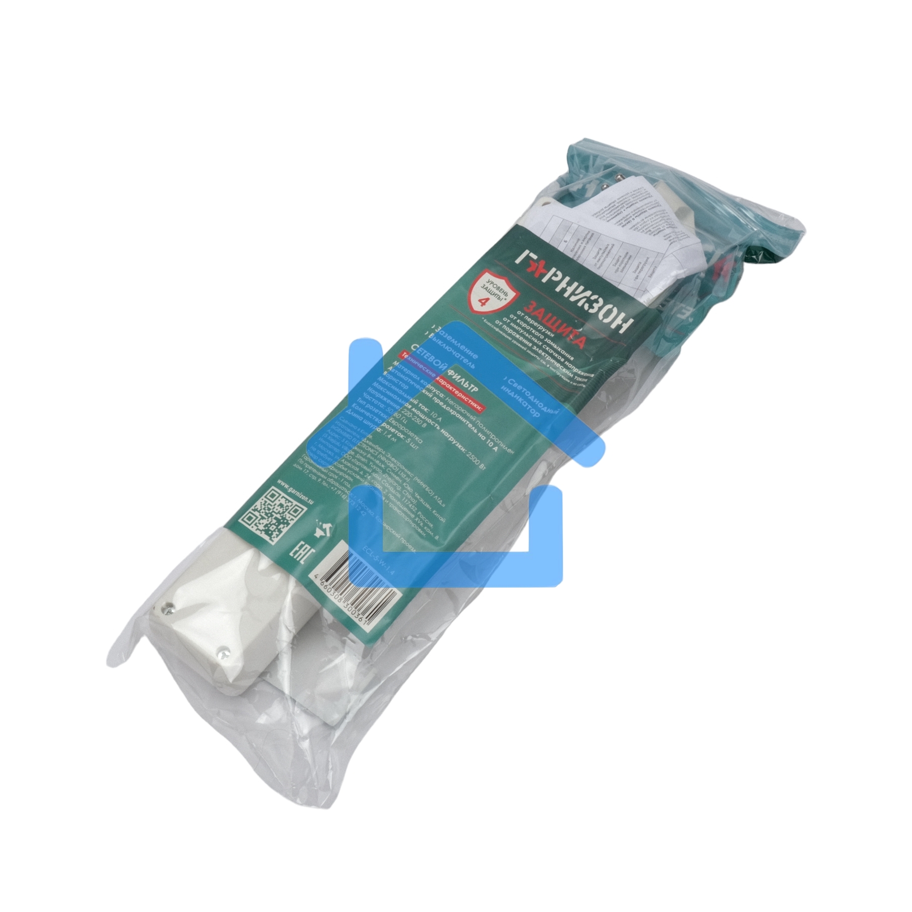 Сетевой фильтр Гарнизон ECL-5-W-1.4, 5р, 10А, 1.4м, ур.защиты 4, белый, пакет