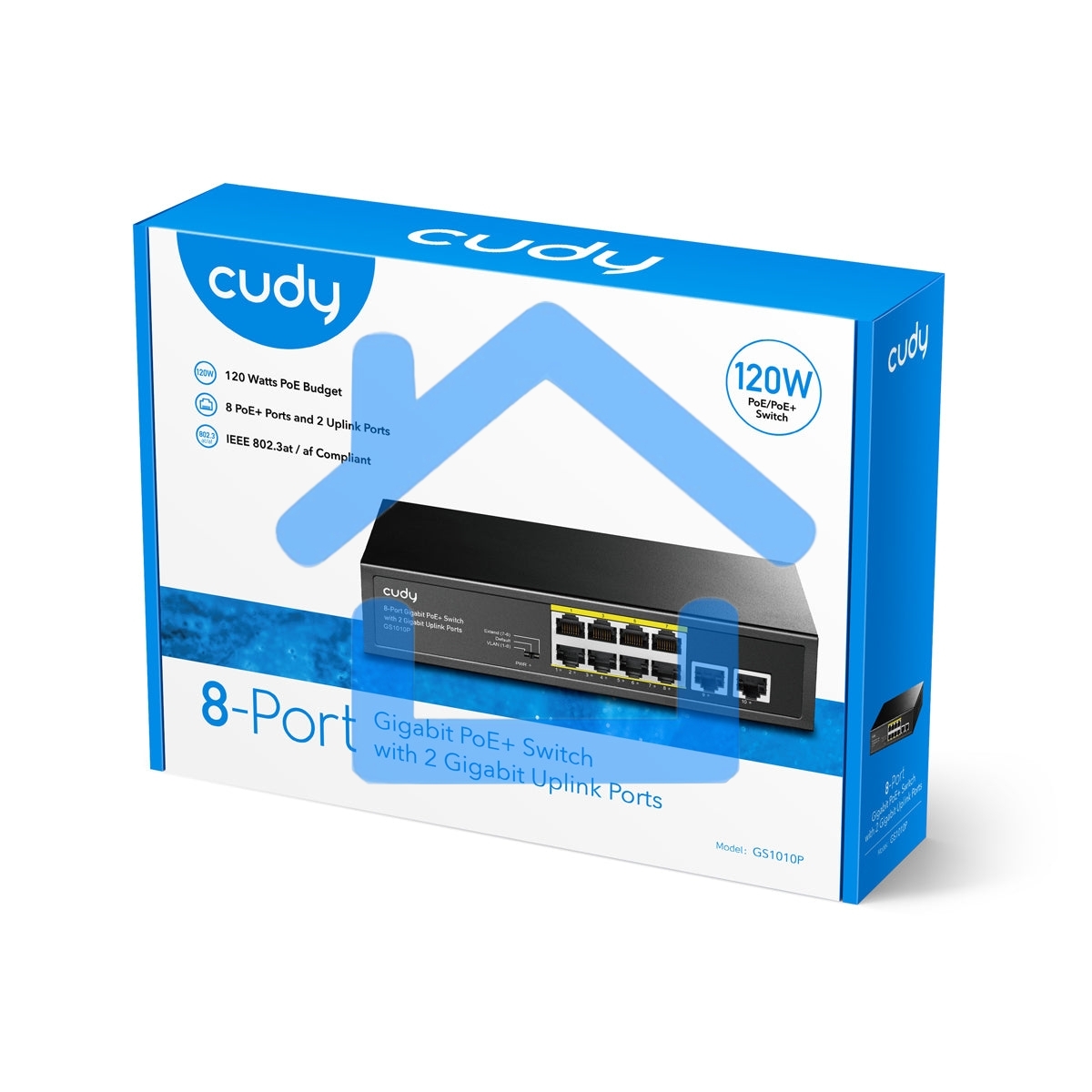 Коммутатор Cudy 8 RJ-45 10/100/1000M PSE ports +2 RJ45 10/100/1000 Uplink Port Unmanaged PoE+ Switch 120W, CCTV/VLAN mode support, long distance:250M at CCTV mode. 802.3af/at standard, Aternative 1/2(+),3/6(-), Rack-mountable Steel Case, Watchdog, 120W in