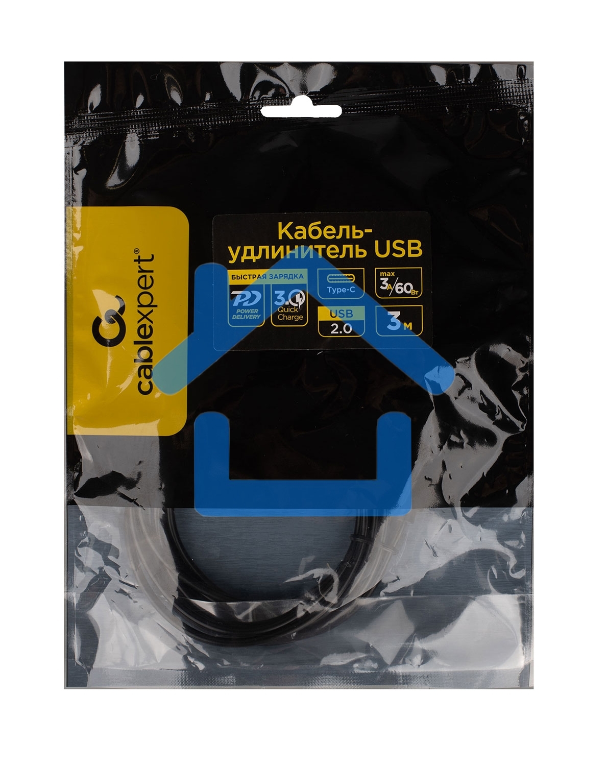 Кабель-удлинитель USB2.0 Cablexpert CCP-USB2-CMCF-3M, Type-C(М)/Type-C(F), 3А, 60Вт, PD/QC3.0, медь, Pro, 3м, черный, пакет