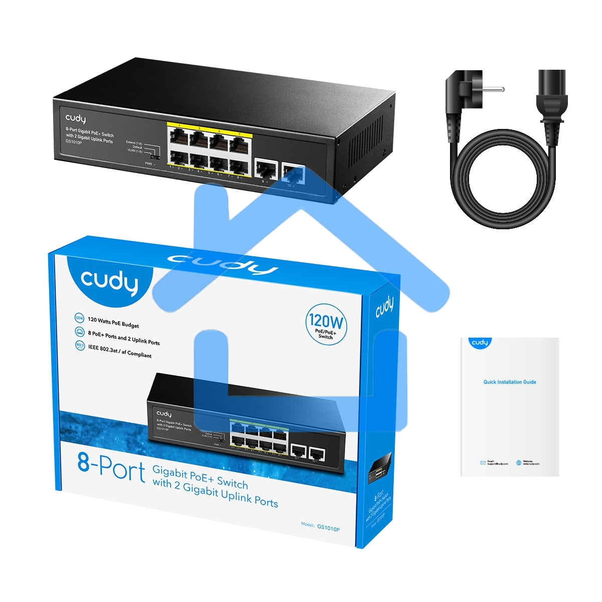 Коммутатор Cudy 8 RJ-45 10/100/1000M PSE ports +2 RJ45 10/100/1000 Uplink Port Unmanaged PoE+ Switch 120W, CCTV/VLAN mode support, long distance:250M at CCTV mode. 802.3af/at standard, Aternative 1/2(+),3/6(-), Rack-mountable Steel Case, Watchdog, 120W in