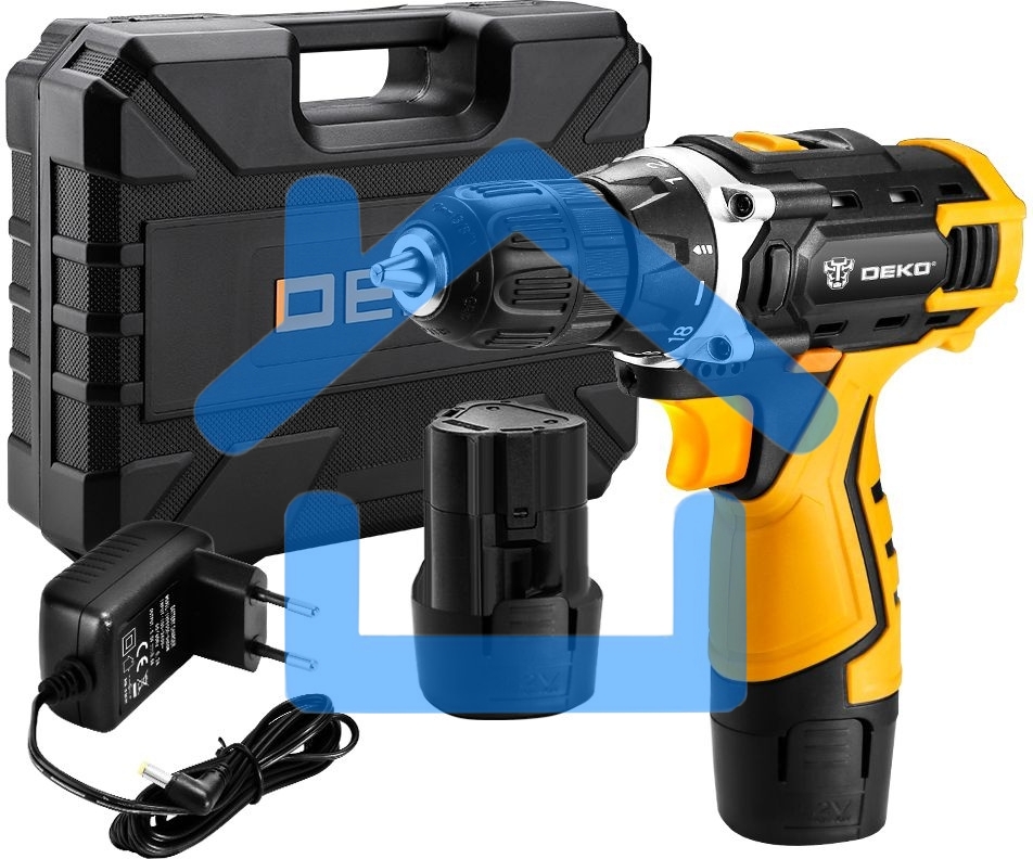 Дрель-шуруповерт Deko DKCD12FU-Li, Аккумуляторная, 20В, 2 АКБ, Кейс