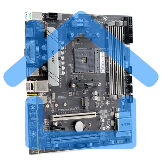 Материнская плата AFOX B550D4-MA5-V2, AM4, AMD B550, 4xDDR4, 4xSATA, 1xM.2, 1xPCIe 4.0 x16, 1xPCIe 4.0 x4, 1xPCIe x1, 1xHDMI, 1xD-Sub, 1xDVI, 1x 1Gb LAN, 4xUSB-A 3.0, 2xUSB 2.0, 3x3.5 мм, 5.1, mATX