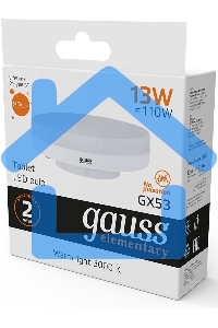 Лампа светодиодная LED Gauss Elementary 13Вт 3000K GX53 890lm