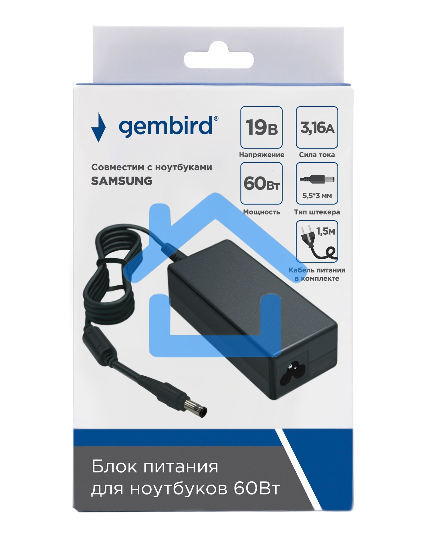 Блок питания Gembird для ноутбуков SAMSUNG NPA-AC29, 19В/3.16А, 60Вт, штекер 5.5x3мм