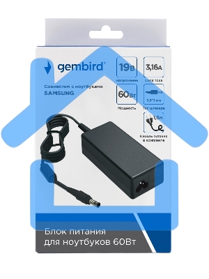 Блок питания Gembird для ноутбуков SAMSUNG NPA-AC29, 19В/3.16А, 60Вт, штекер 5.5x3мм
