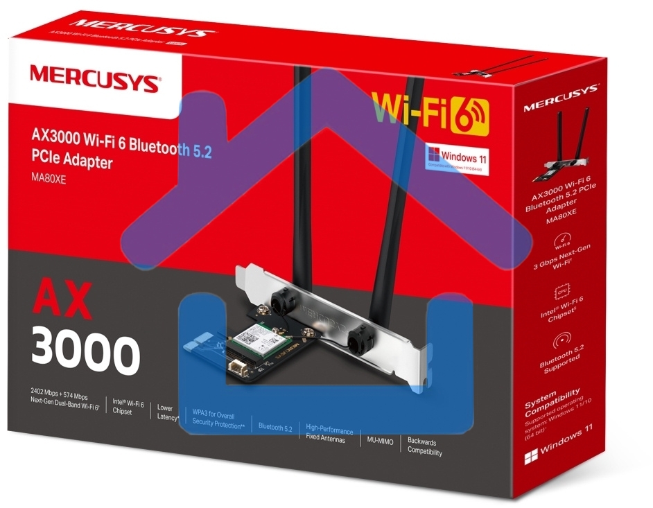 Сетевой адаптер Wi-Fi + Bluetooth Mercusys MA80XE AX3000 PCI Express (ант.внеш.несъем.) 2ант.