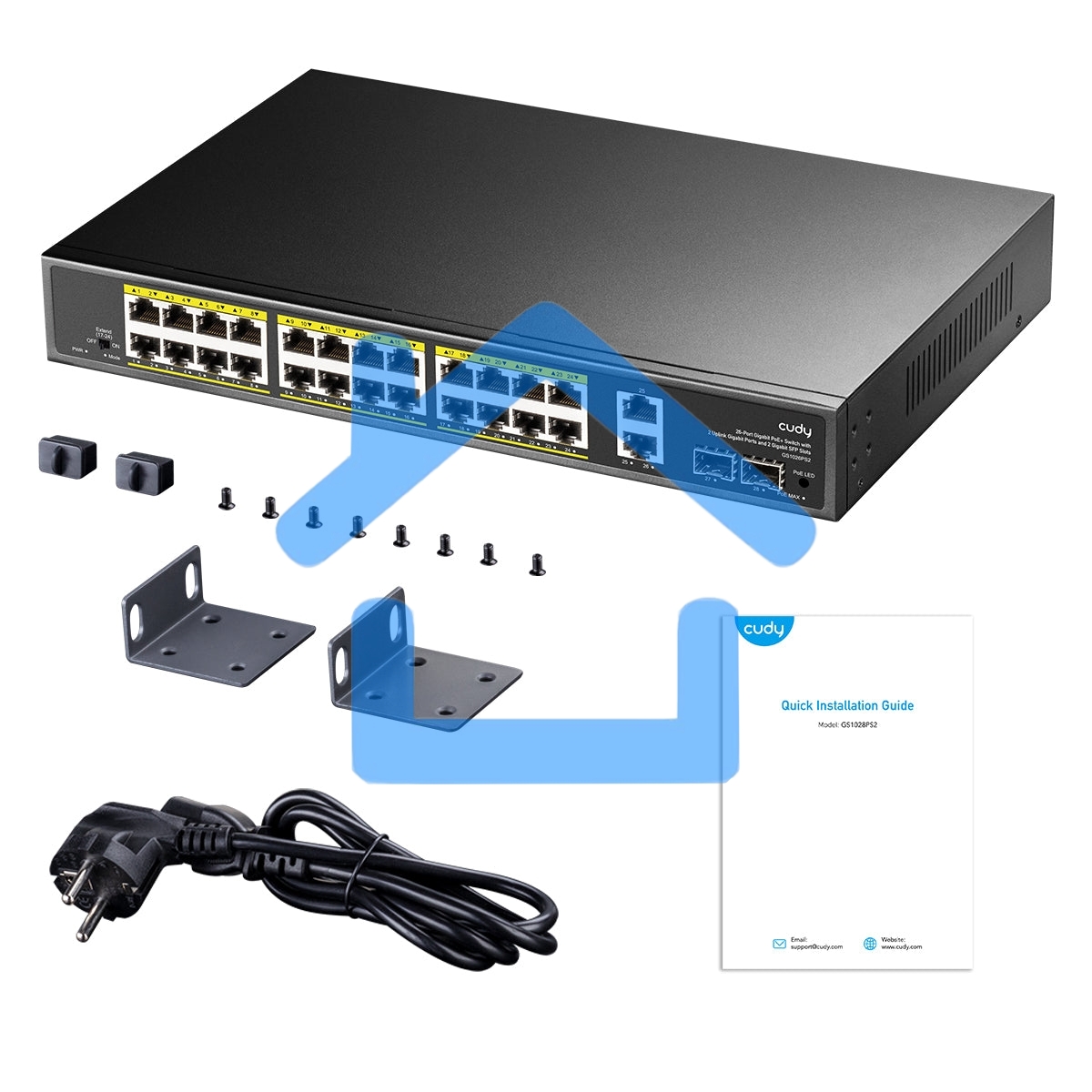 Коммутатор Cudy GS1026PS2, (L2) 26x1Gbит/с 2xКомбо(1000BASE-T/SFP), 2SFP, 24PoE, 300W, неуправляемый