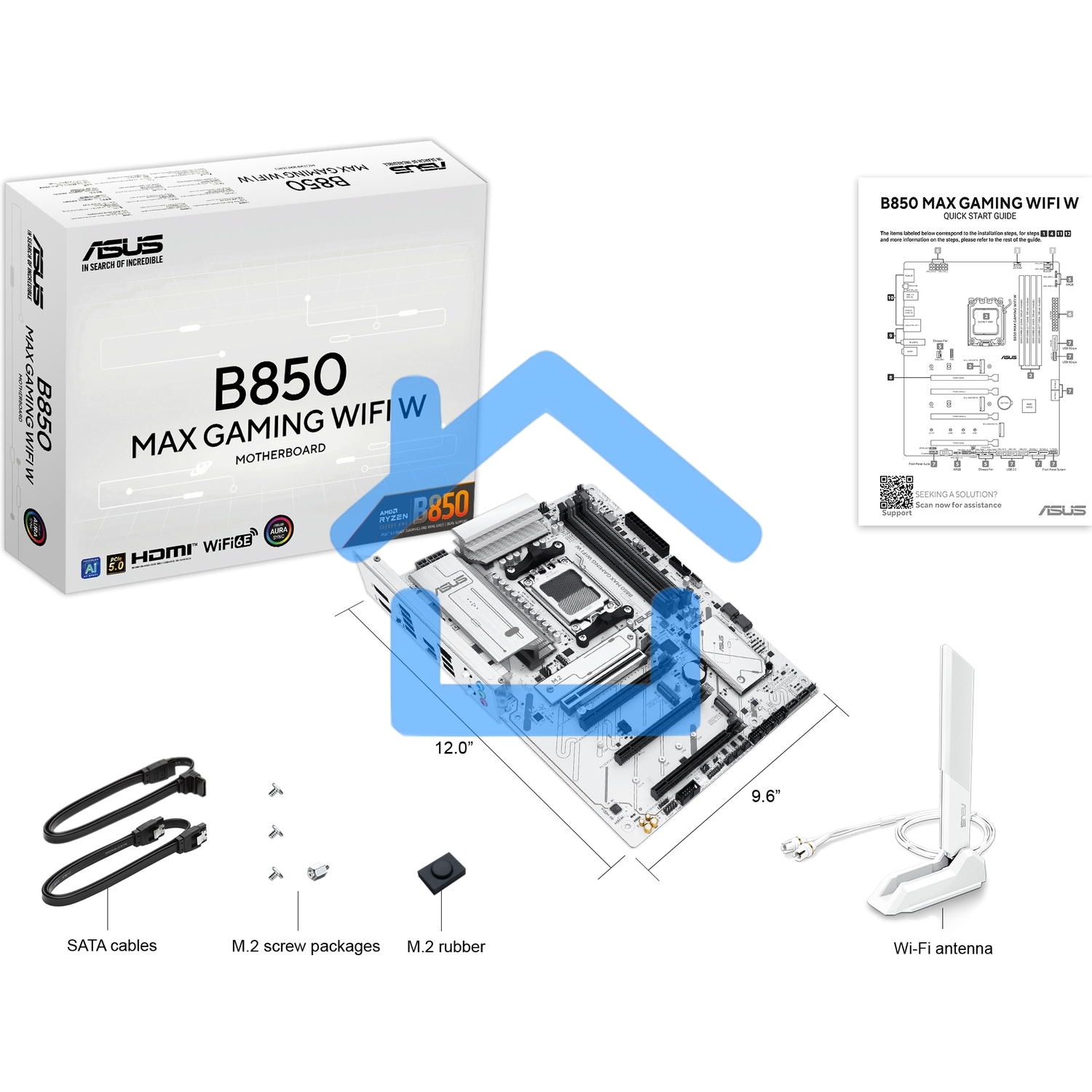 Материнская плата ASUS B850 MAX GAMING WIFI W, AM5, AMD B850, 4xDDR5, 4xSATA, 3xM.2, 1xPCIe 5.0 x16, 1xPCIe 4.0 x4, 2xPCIe 3.0 x1, 1xDisplayPort, 1xHDMI, 1x2.5Gb LAN, Wi-Fi 6E, Bluetooth 5.3, 1xUSB-C 10Gbps, 3xUSB-A 10Gbps, 2xUSB-A 5Gbps, 2xUSB-A 2.0, 3x3