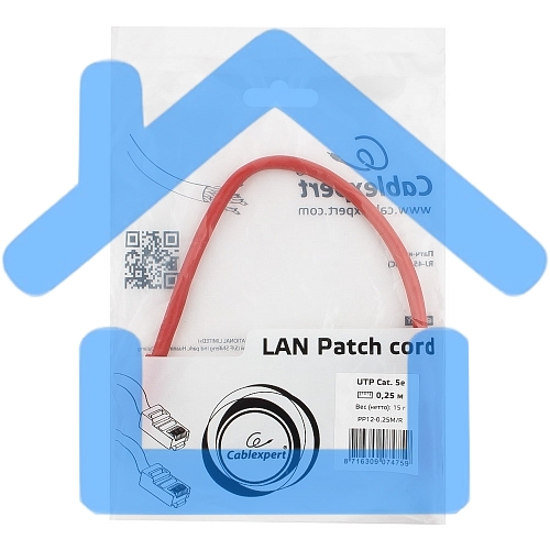 Патч-корд UTP Cablexpert кат.5e, 0.25м, литой, многожильный, красный