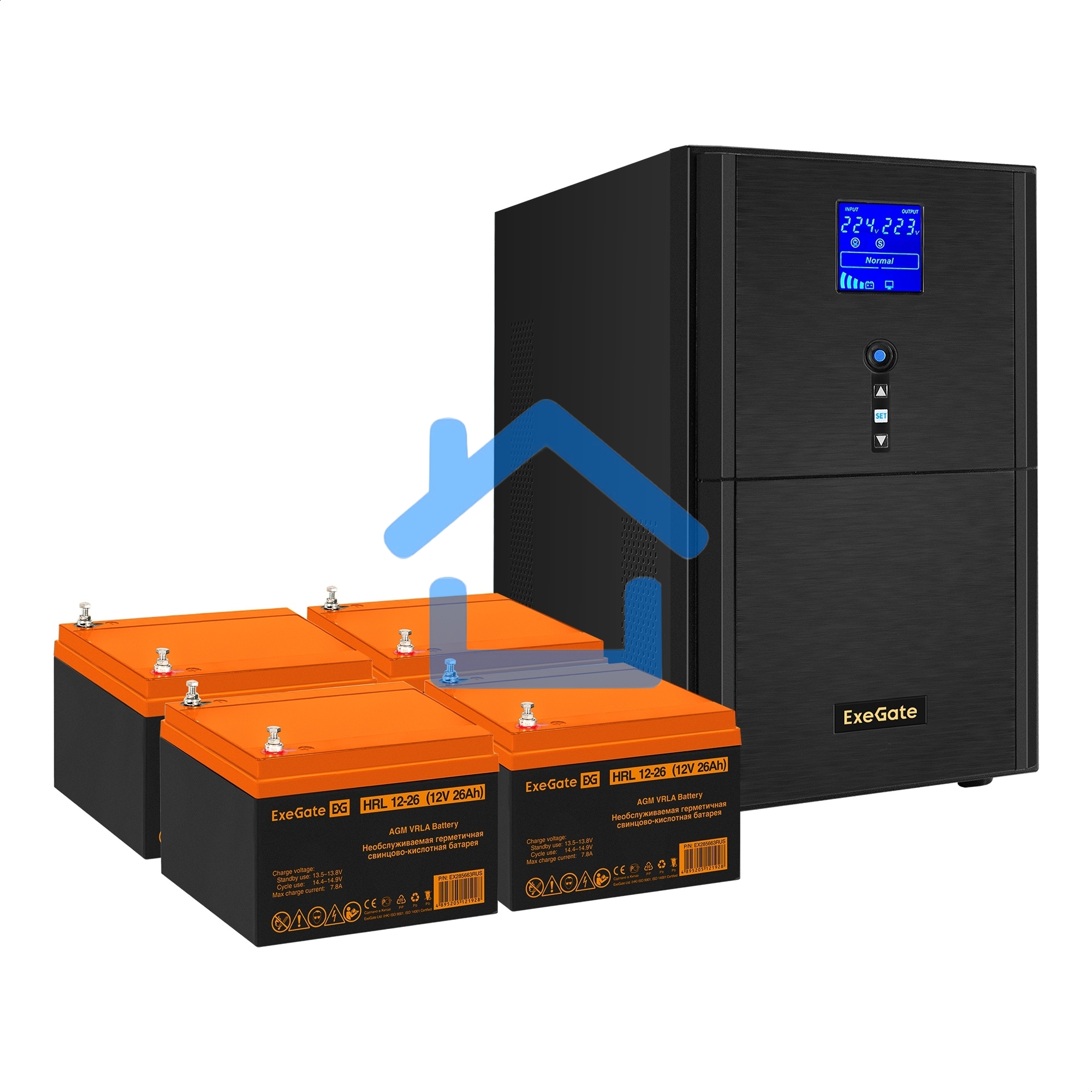 Комплект ИБП EX295991RUS + батарея 26Aч EX285663RUS 4шт (инвертор, синус, для котла) ExeGate SineTower SZ-5000.LCD.AVR.2SH.1C13.T.RJ.USB <5000VA/4000W, чистый синусоида, LCD дисплей, AVR, 2*Schuko+1*C13+клеммы, RJ45/11, USB, линейно-интерактивный, черный>