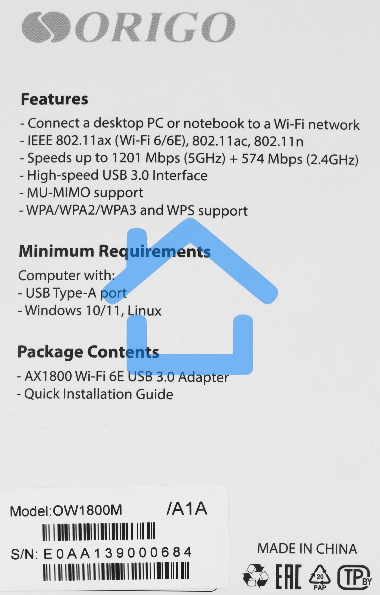 Сетевой адаптер Wi-Fi Origo OW1800M, AX1800, USB 3.0, (ант.внеш.несъем.) 2ант.
