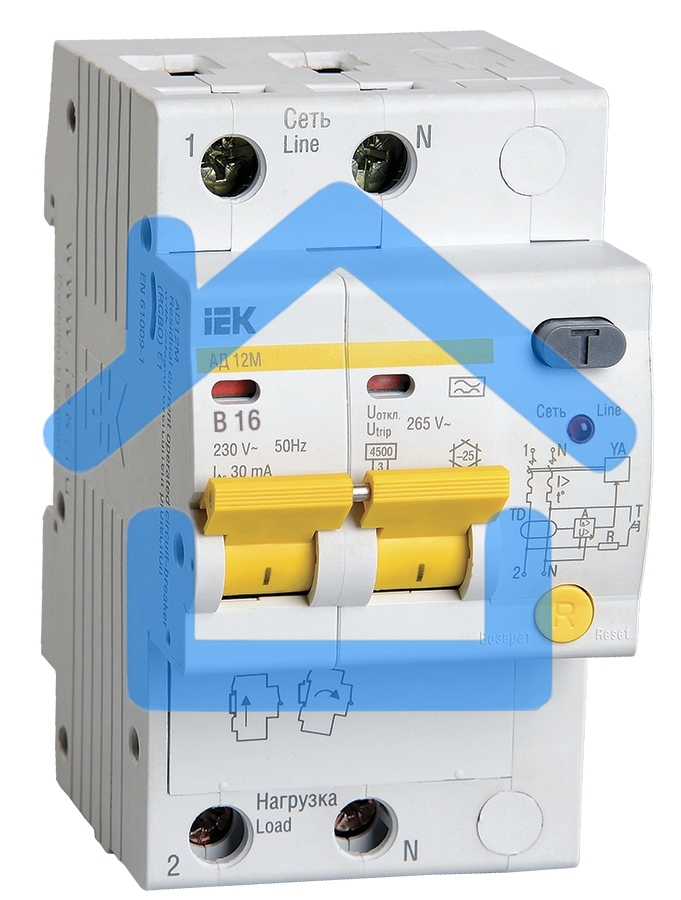 Выключатель автоматический дифференциального тока 2п B 16А 30мА тип A 4.5кА АД-12М ИЭК MAD12-2-016-B-030