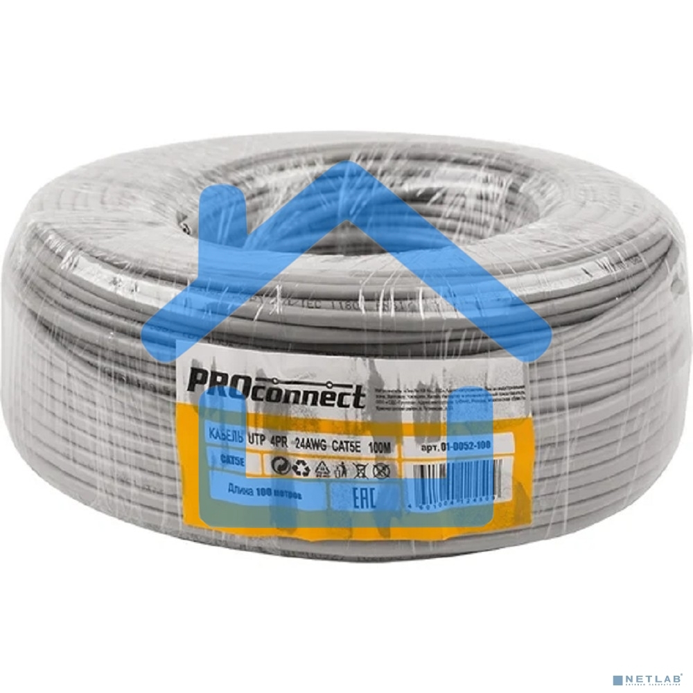 Кабель UTP PROconnect 4PR 24AWG, CU (медь), CAT5E, 100 МГц, PVC, серый, бухта 100 м