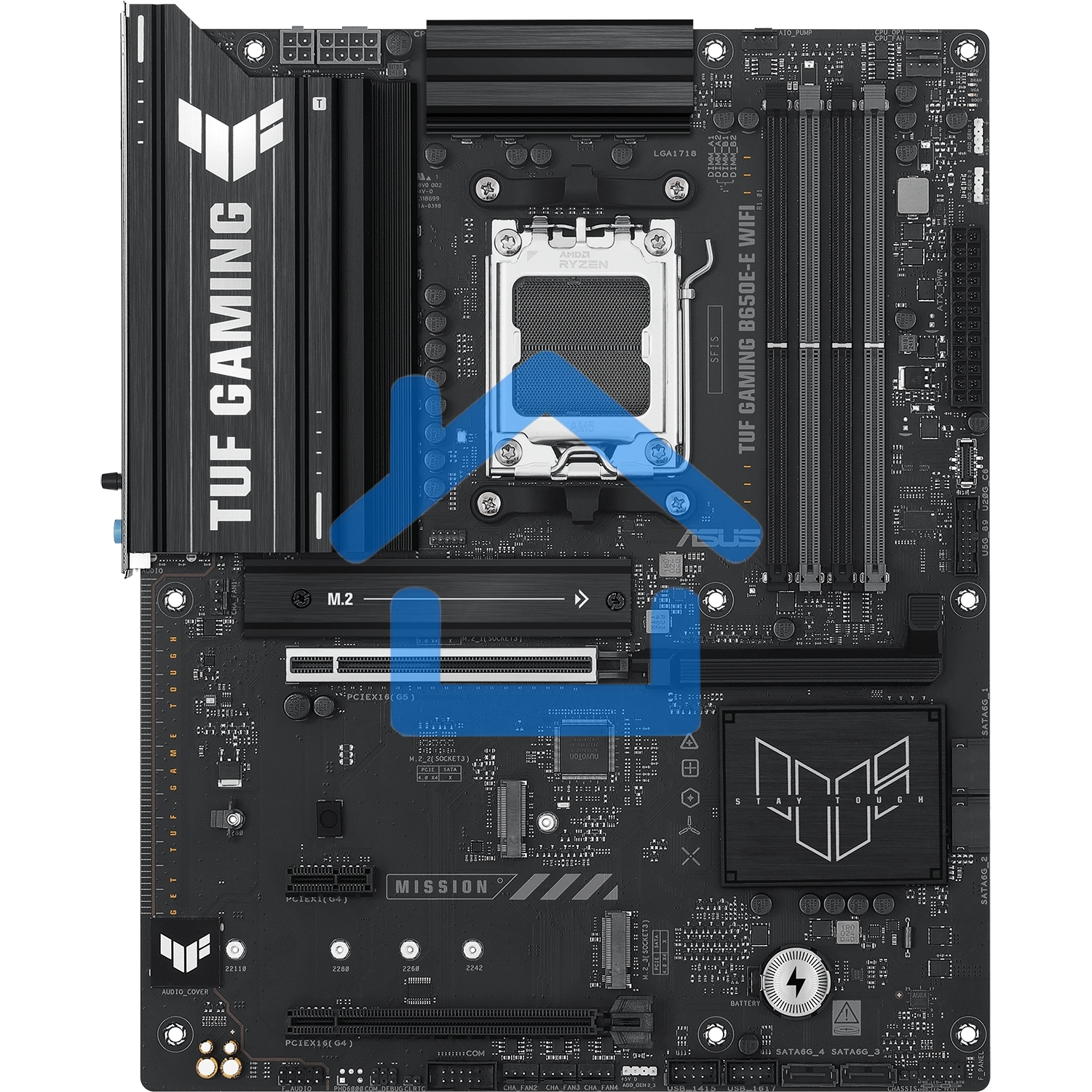 Материнская плата ASUS TUF GAMING B650-E WIFI, AM5, AMD B650, 4xDDR5, 4xSATA, 3xM.2, 1xPCIe 4.0 x16, 1xPCIe 4.0 x16, 1xPCIe x1, 1xDP, 1xHDMI, 1x2.5Gb LAN, Wi-Fi 6E, Bluetooth 5.3, 2xUSB-C (1x10Gbps, 1x20Gbps), 3xUSB-A 5Gbps, 2xUSB-A 10Gbps, 3xUSB-A 2.0, 5