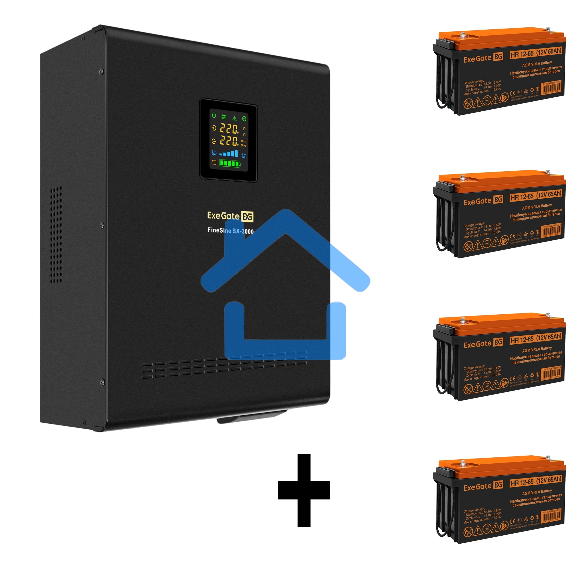 Комплект ИБП EX296003RUS + батарея 65Aч EX282982RUS 4шт (инвертор, синус, для котла, настенный) ExeGate FineSine SX-3000.LCD.AVR.2SH.T <3000VA/2100W, чистая синусоида, цветной LCD-дисплей, AVR, 2*Schuko+клеммы, линейно-интерактивный, крепление настенное, 
