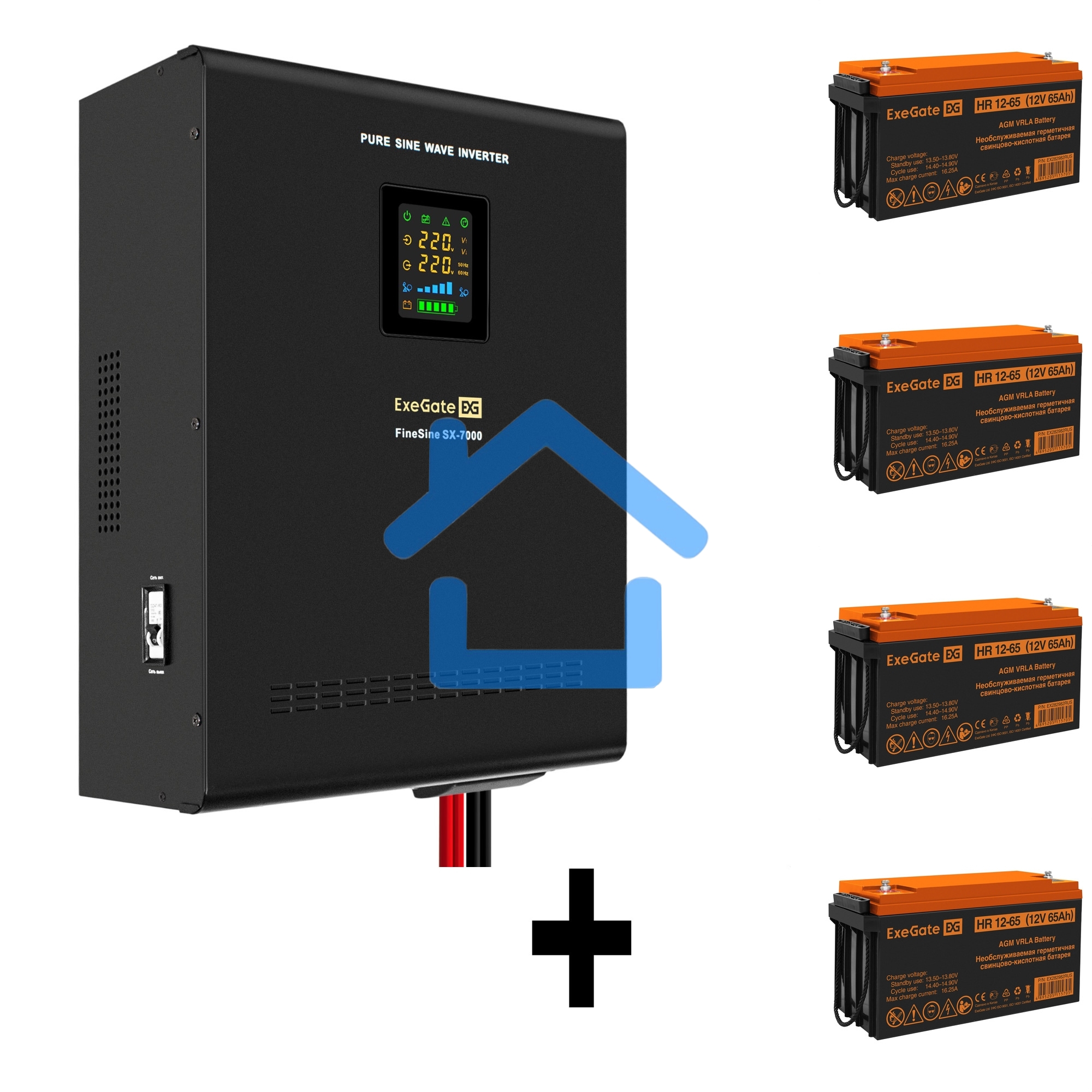 Комплект ИБП EX296005RUS + батарея 65Aч EX282982RUS 4шт (инвертор, синус, для котла, настенный) ExeGate FineSine SX-7000.LCD.AVR.2SH.T <7000VA/5000W, чистая синусоида, цветной LCD-дисплей, AVR, 2*Schuko+клеммы, линейно-интерактивный, крепление настенное, 