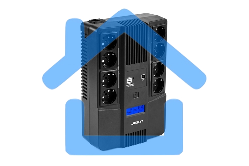 Источник бесперебойного питания Бастион SKAT-UPS 800-AID-IN-1x9-8 ИБП 220В 480Вт, LCD, АКБ 1x 9А·ч, line interactive, мод.синус, 8хSchuko,2xUS (8933)