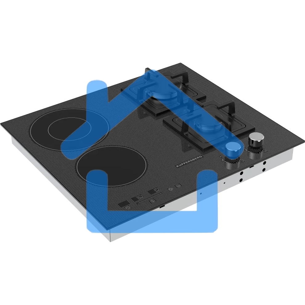 Комбинированная варочная панель Kuppersberg EGS 600 Газоэлектрическая независимая варочная поверхность, стеклокерамика KANGER, ширина 60 см, Тип нагрева HI-Light/Газ, Слайдер/механическое управление, 3 цифровых дисплев, 9 уровней мощности, Блокировка пане