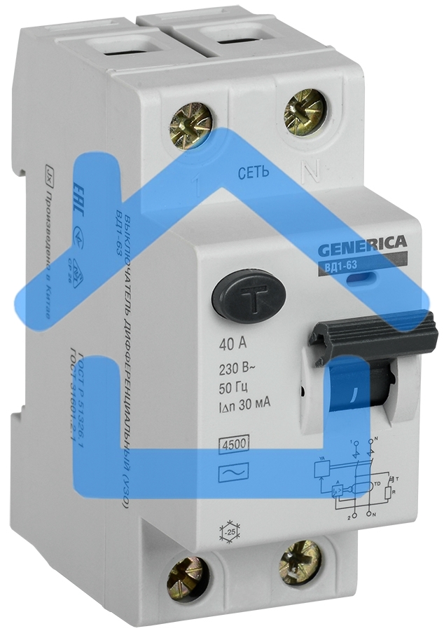 Выключатель дифференциального тока (УЗО) 2п 40А 30мА тип AC ВД1-63 GENERICA ИЭК MDV15-2-040-030